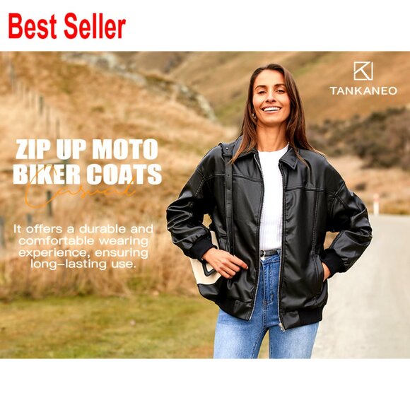 Oversized Faux Leather Bomber Jacket Zip Up Moto Biker Coat - Picture 7 of 7